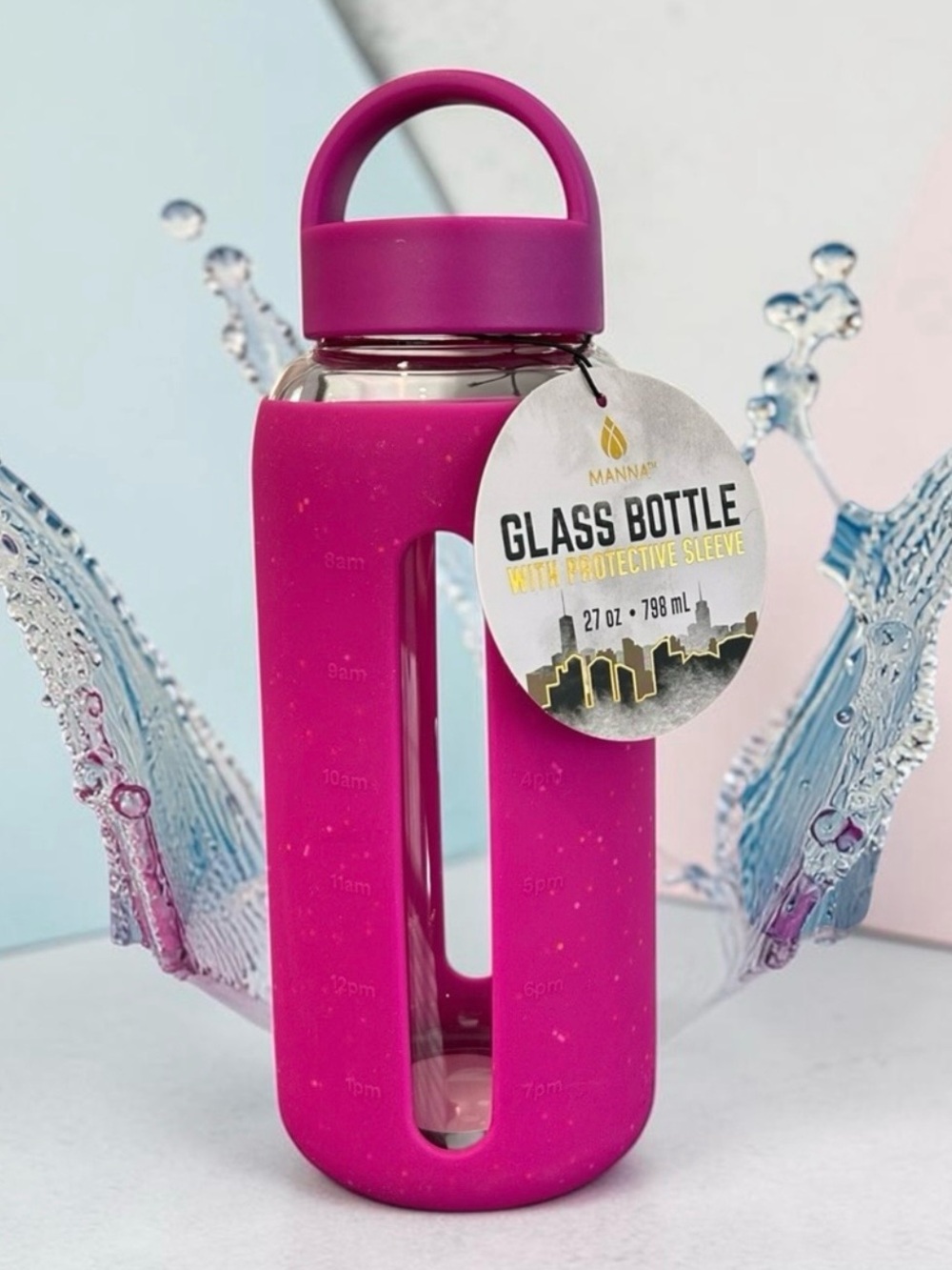 MANNA Glass Water Bottle with Silicone sleeve Hot Pink Loop handle 27 oz. NEW